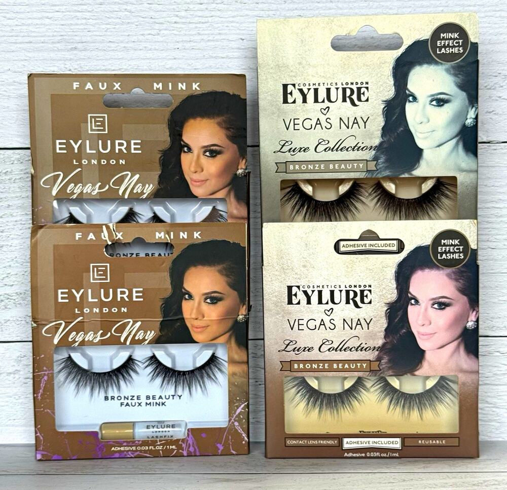 Eylure Vegas Nay Luxe Bronze Beauty Strip Lashes Natural Black + Adhesive 4 pack